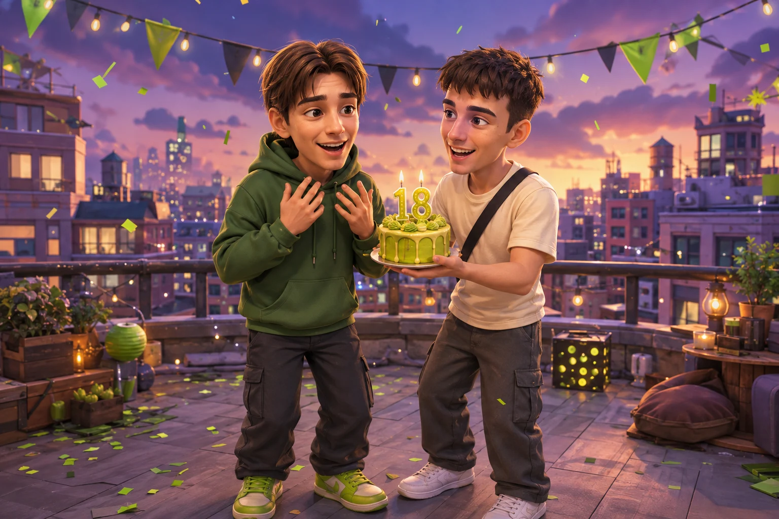 Ты даришь Мишке торт на 18 лет: два игровых 3D-персонажа с ваших фотографий радуются на праздничной крыше